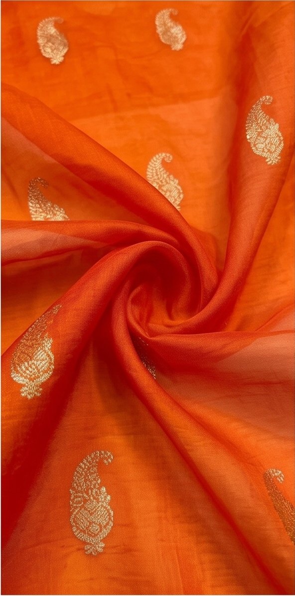 Orange Banarasi Kora Organza Silk Saree with Gold Zari Border D1 view 5