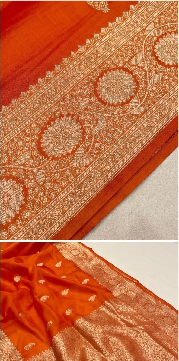 Orange Banarasi Kora Organza Silk Saree with Gold Zari Border D1 view 6