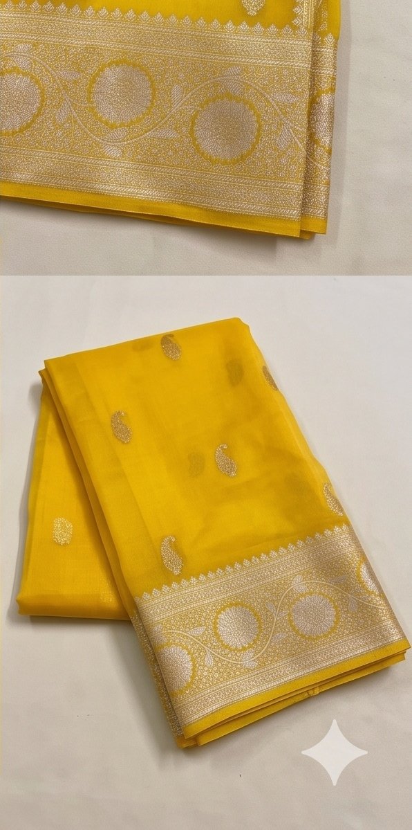 Yellow Banarasi Premium Kora Organza Silk Saree D2 view 1