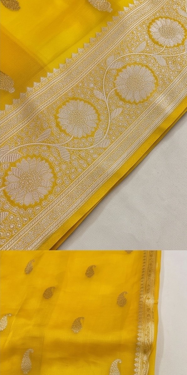 Yellow Banarasi Premium Kora Organza Silk Saree D2 view 4