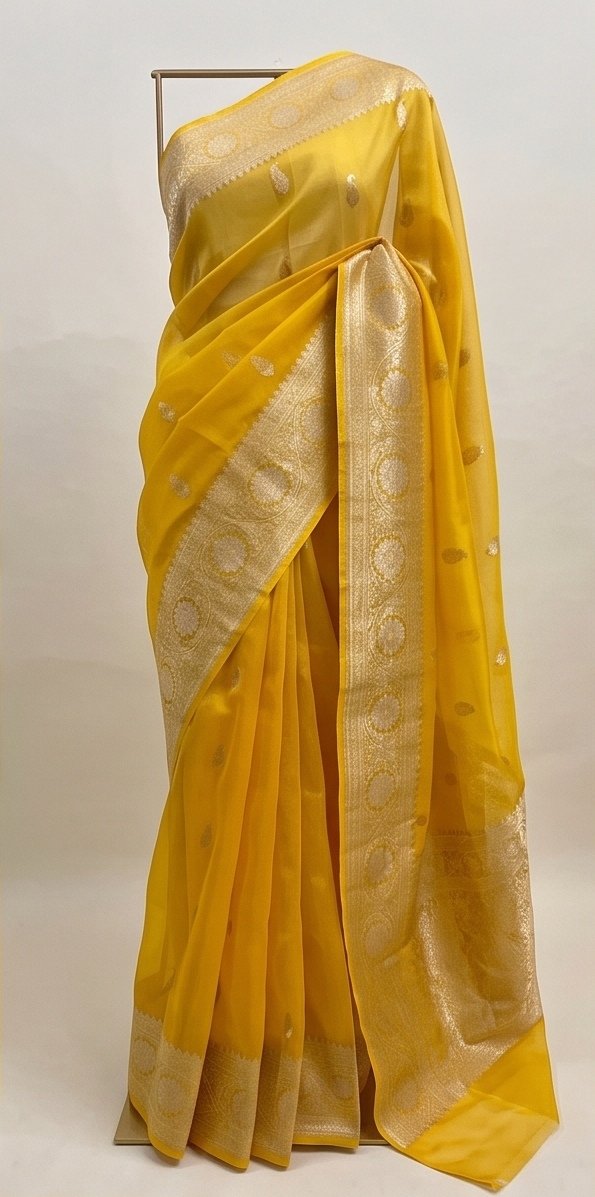 Yellow Banarasi Premium Kora Organza Silk Saree D2 view 5
