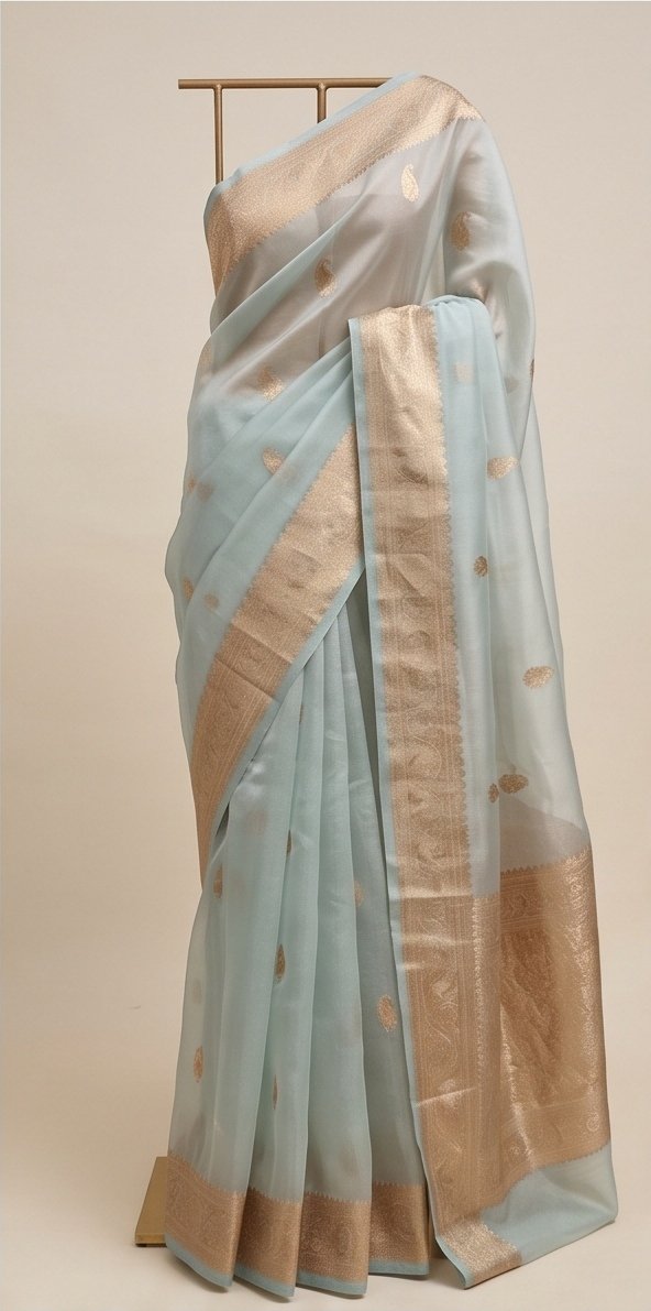 Pastel Blue Banarasi Premium Kora Organza Silk Saree D3