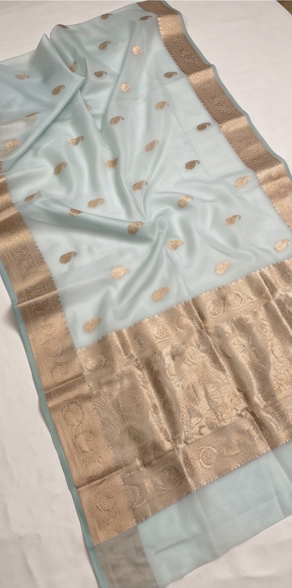 Pastel Blue Banarasi Premium Kora Organza Silk Saree D3 view 6
