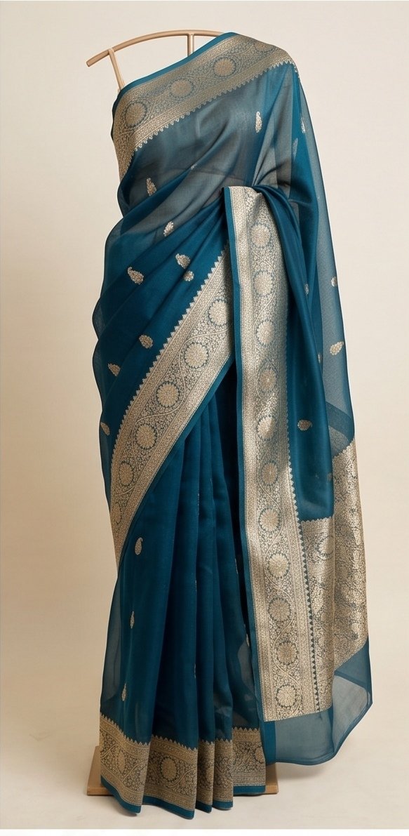Teal Blue Banarasi Kora Organza Silk Saree with Golden Zari Border D6