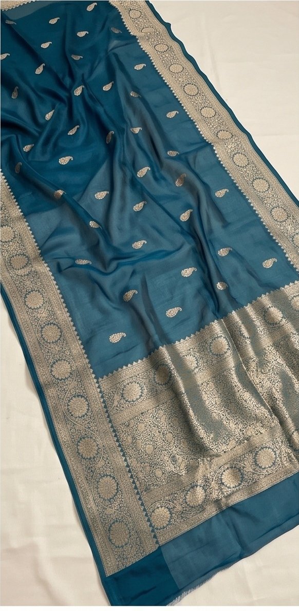 Teal Blue Banarasi Kora Organza Silk Saree with Golden Zari Border D6 view 2
