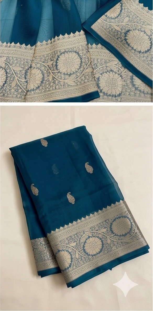 Teal Blue Banarasi Kora Organza Silk Saree with Golden Zari Border D6 view 3