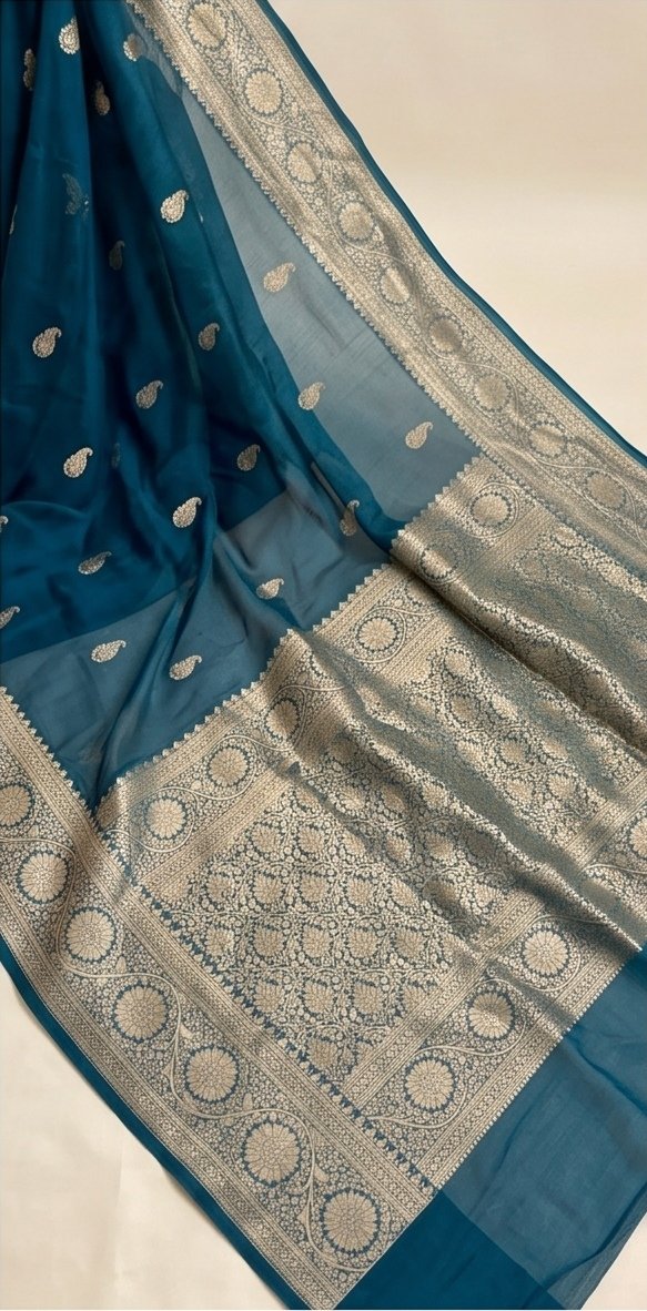 Teal Blue Banarasi Kora Organza Silk Saree with Golden Zari Border D6 view 4