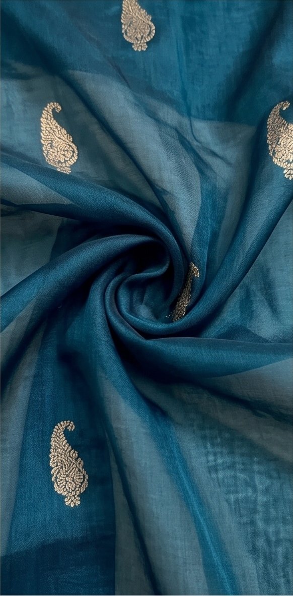 Teal Blue Banarasi Kora Organza Silk Saree with Golden Zari Border D6 view 5