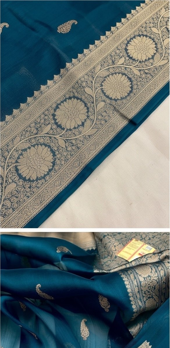 Teal Blue Banarasi Kora Organza Silk Saree with Golden Zari Border D6 view 6