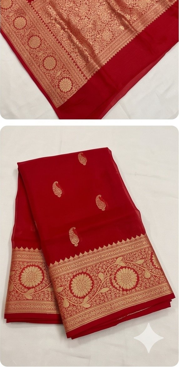 Red Banarasi Premium Kora Organza Silk Saree with Golden Zari Border D15 view 1