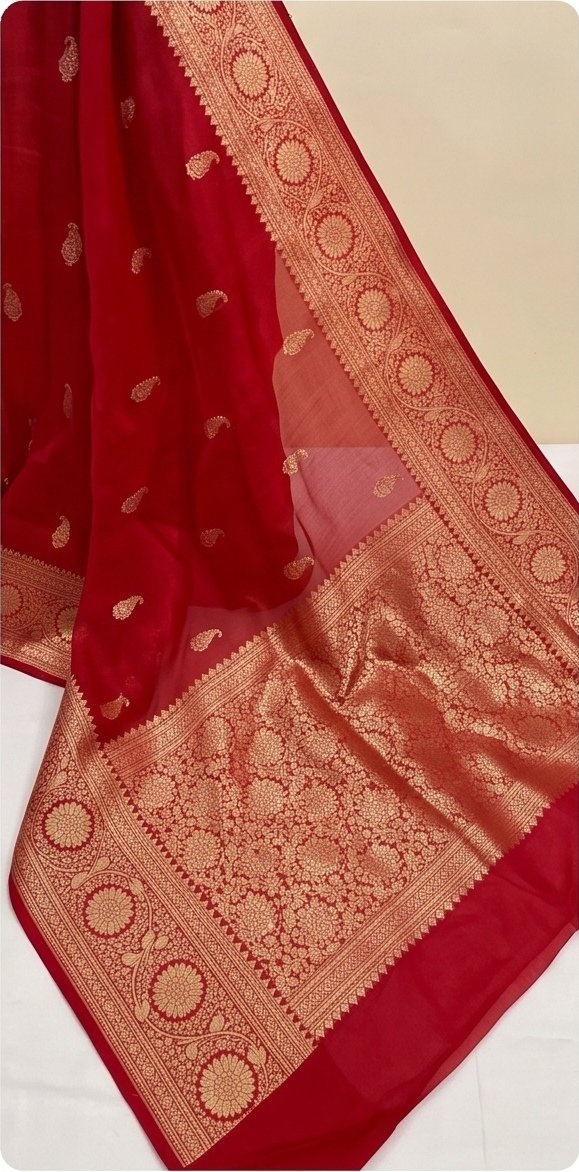 Red Banarasi Premium Kora Organza Silk Saree with Golden Zari Border D15 view 2