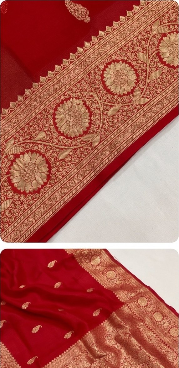 Red Banarasi Premium Kora Organza Silk Saree with Golden Zari Border D15 view 4