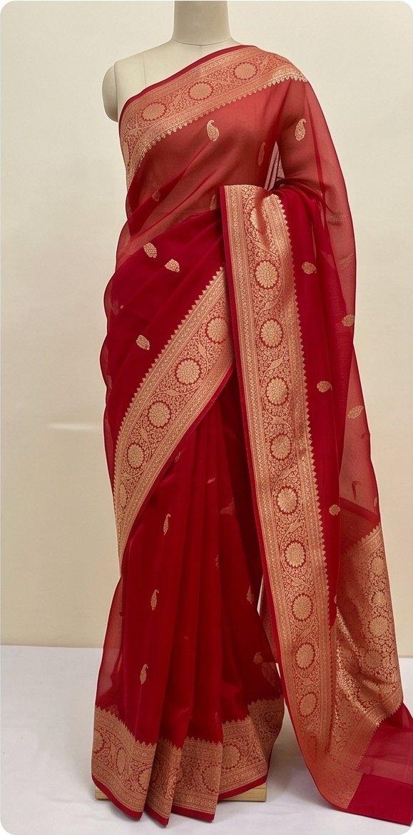 Red Banarasi Premium Kora Organza Silk Saree with Golden Zari Border D15 view 5