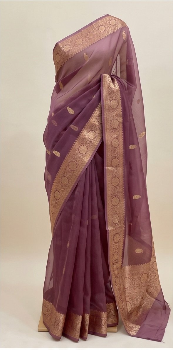 Royal Purple Banarasi Dyeable Kora Organza Silk Saree with Zari Weaving D16 view 5