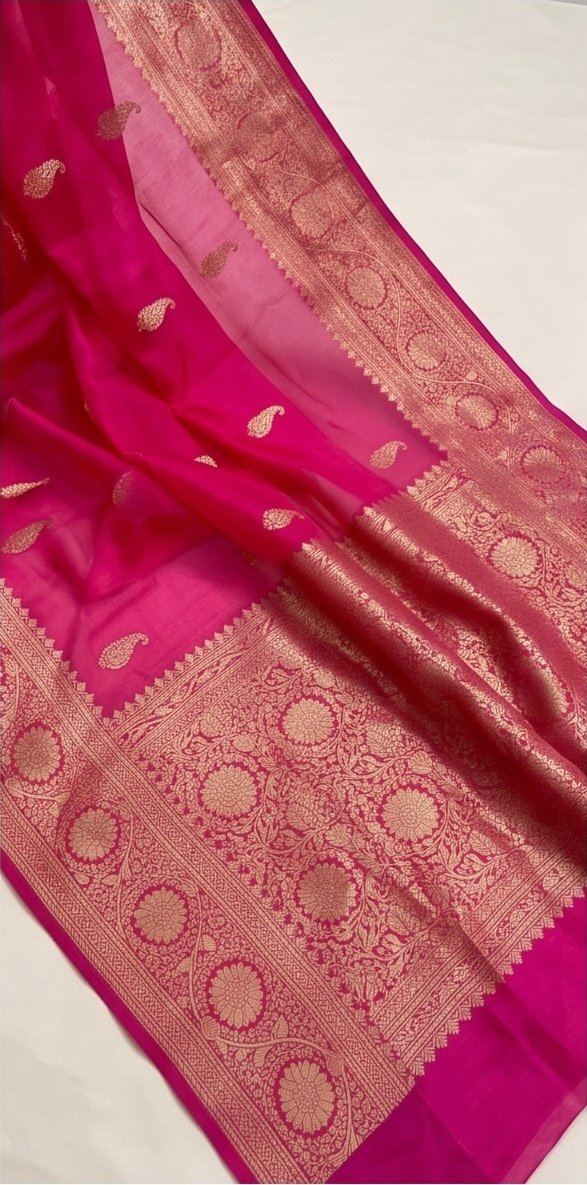 Rani Pink Banarasi Kora Organza Silk Saree with Golden Zari Border D13 view 1
