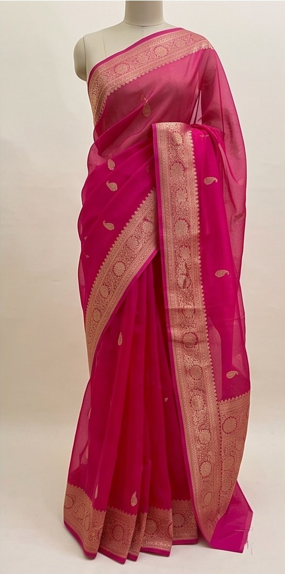 Rani Pink Banarasi Kora Organza Silk Saree with Golden Zari Border D13 view 3