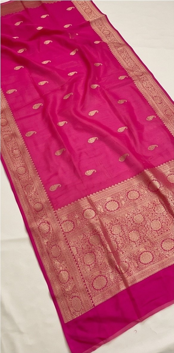 Rani Pink Banarasi Kora Organza Silk Saree with Golden Zari Border D13 view 4