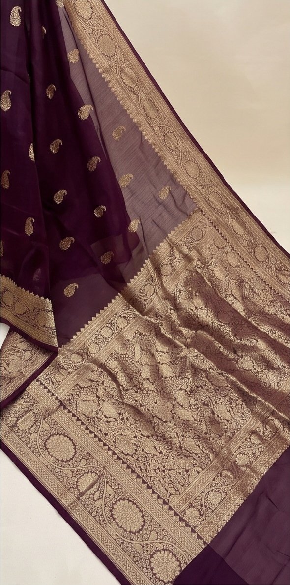 Wine Purple Banarasi Kora Organza Silk Saree with Golden Zari Border D12 view 1