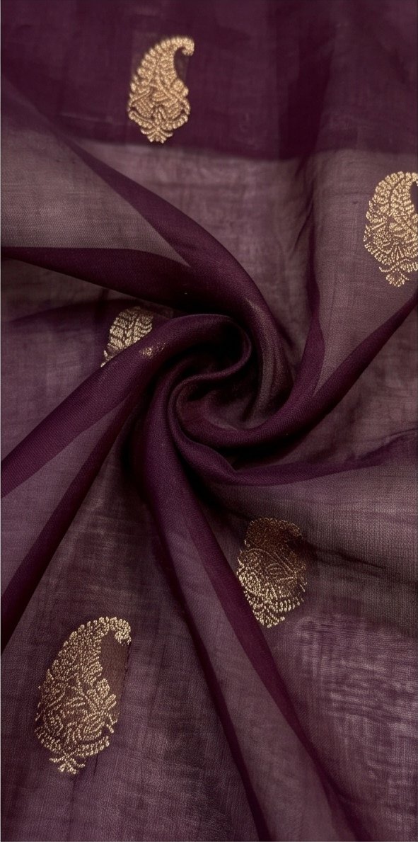 Wine Purple Banarasi Kora Organza Silk Saree with Golden Zari Border D12