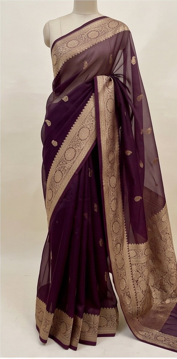 Wine Purple Banarasi Kora Organza Silk Saree with Golden Zari Border D12 view 3