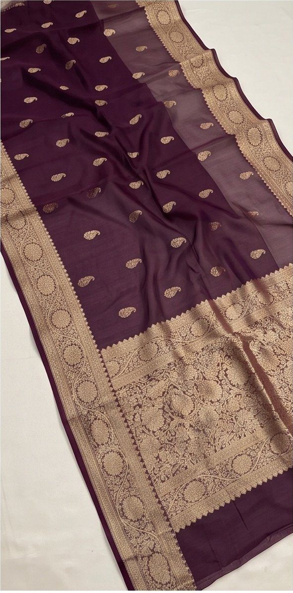 Wine Purple Banarasi Kora Organza Silk Saree with Golden Zari Border D12 view 4