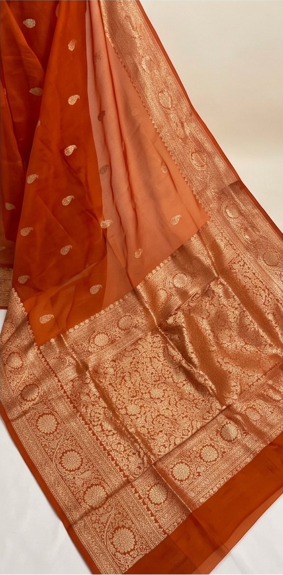 Rust Orange Banarasi Kora Organza Silk Saree D11 view 1