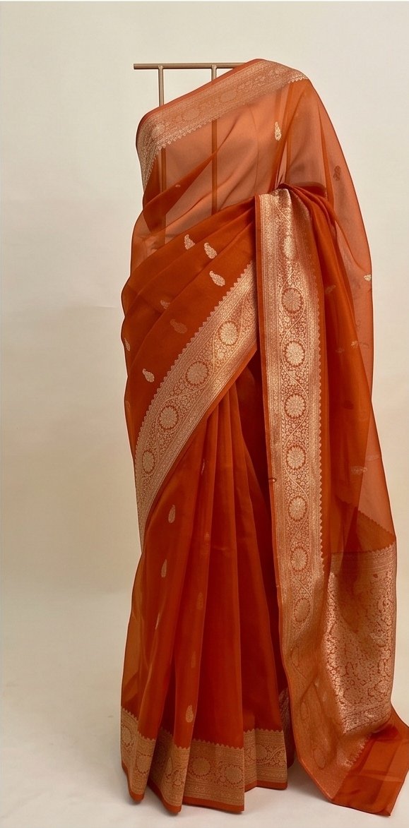 Rust Orange Banarasi Kora Organza Silk Saree D11 view 3