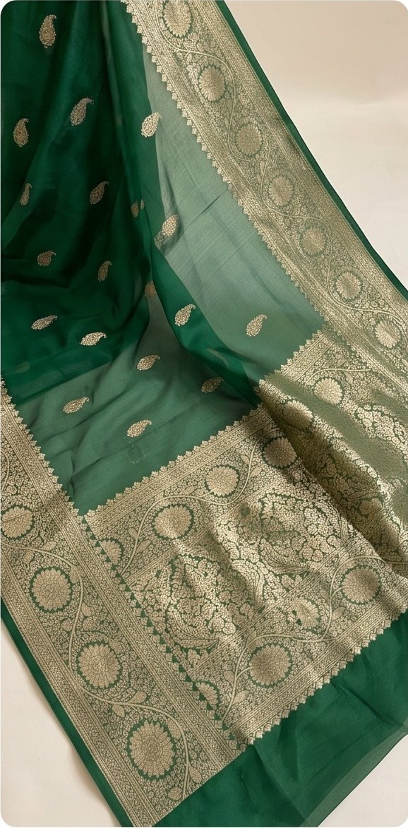 Emerald Green Banarasi Kora Organza Silk Saree with Golden Zari Border D10 view 1