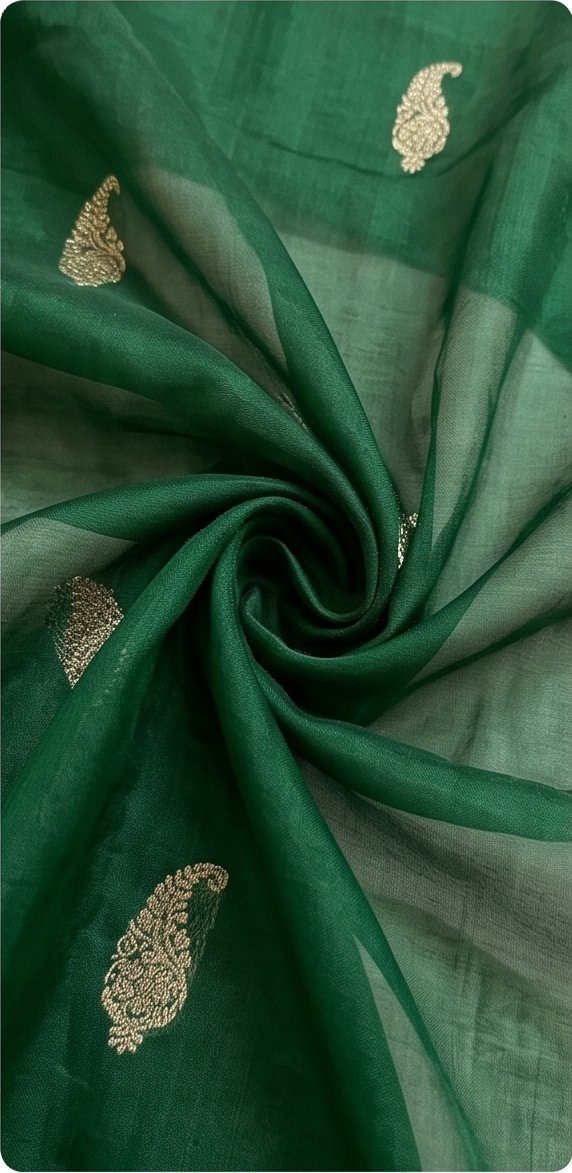 Emerald Green Banarasi Kora Organza Silk Saree with Golden Zari Border D10