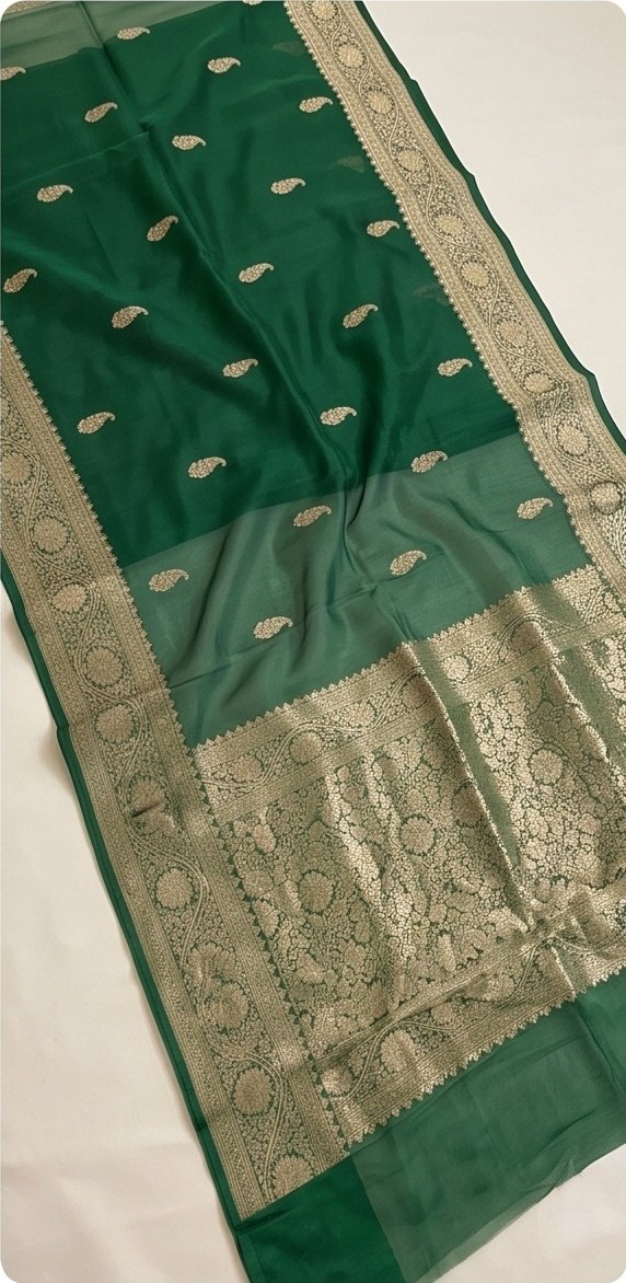 Emerald Green Banarasi Kora Organza Silk Saree with Golden Zari Border D10 view 5
