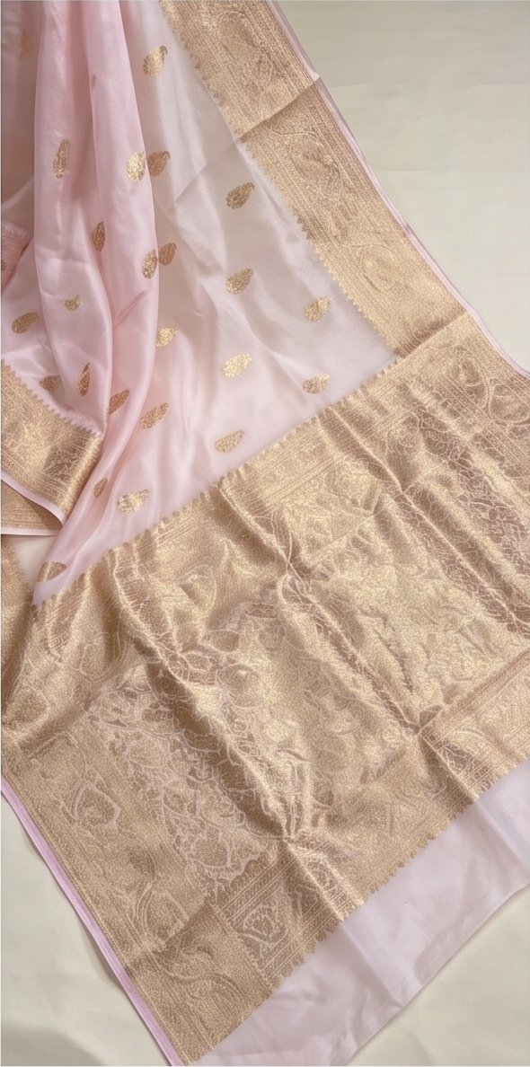 Baby Pink Banarasi Kora Organza Silk Saree with Golden Zari Border D9 view 1
