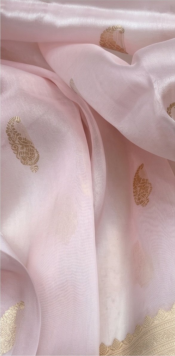 Baby Pink Banarasi Kora Organza Silk Saree with Golden Zari Border D9