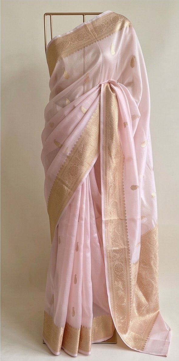 Baby Pink Banarasi Kora Organza Silk Saree with Golden Zari Border D9 view 3