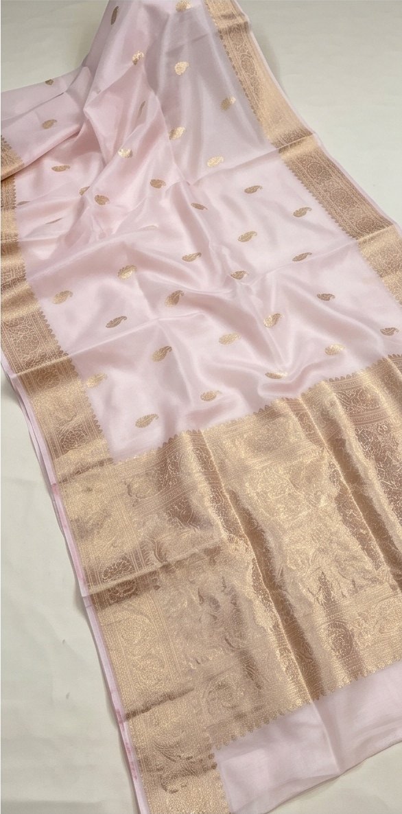 Baby Pink Banarasi Kora Organza Silk Saree with Golden Zari Border D9 view 4