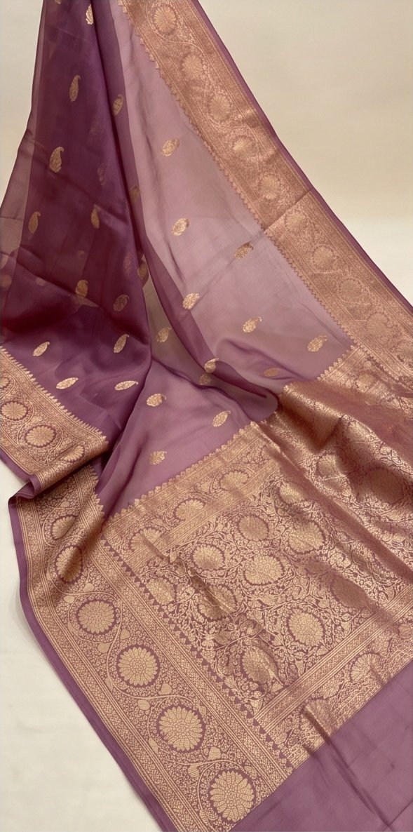 Mauve Purple Banarasi Kora Organza Silk Saree with Golden Zari Border D7 view 1