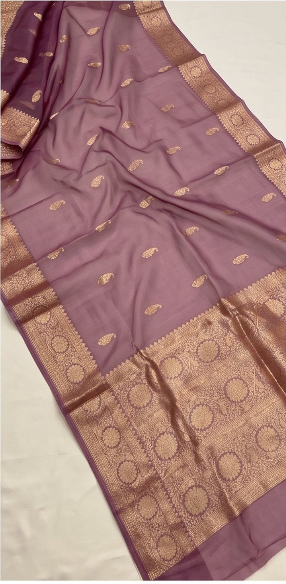 Mauve Purple Banarasi Kora Organza Silk Saree with Golden Zari Border D7 view 4