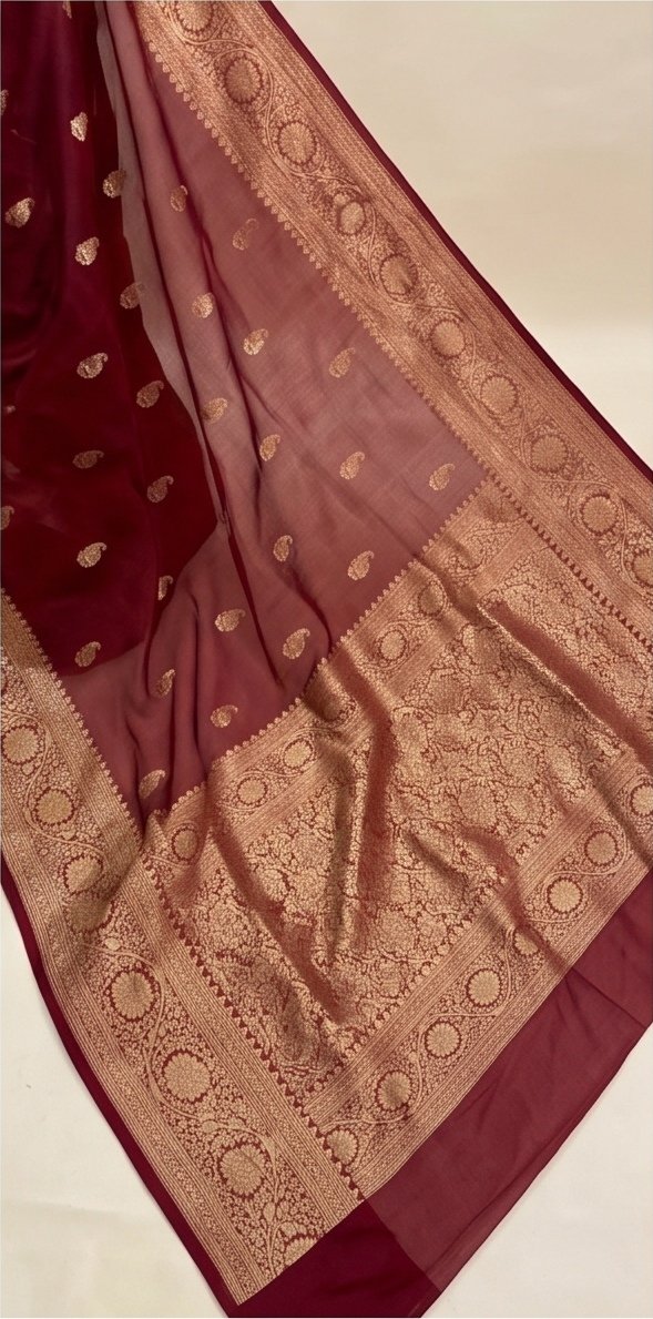 Maroon Banarasi Kora Organza Silk Saree with Golden Zari Borde D8 view 1