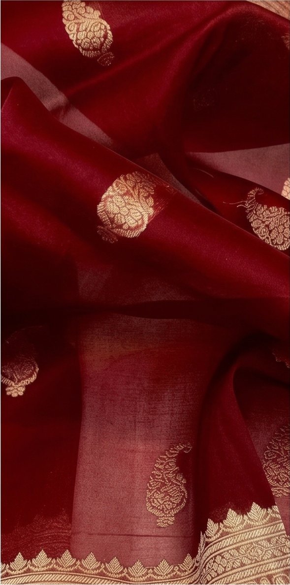 Maroon Banarasi Kora Organza Silk Saree with Golden Zari Borde D8