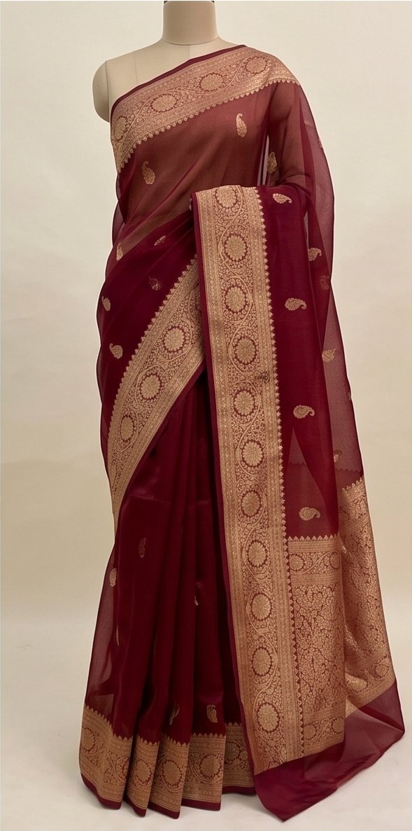 Maroon Banarasi Kora Organza Silk Saree with Golden Zari Borde D8 view 4