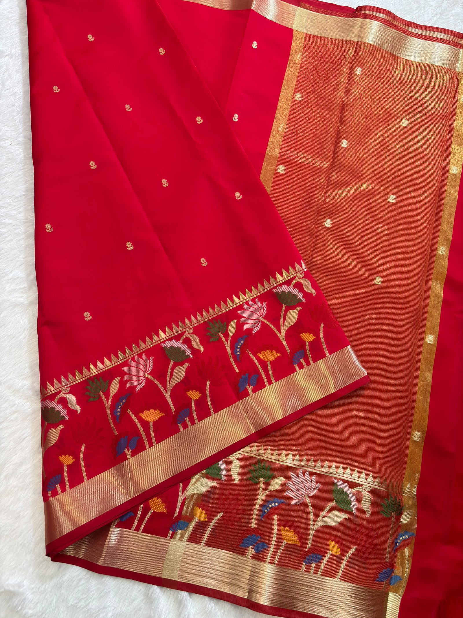 Crimson Red Banarasi Cotlon Taffeta Silk Saree with Floral Meena Skirt Border view 1