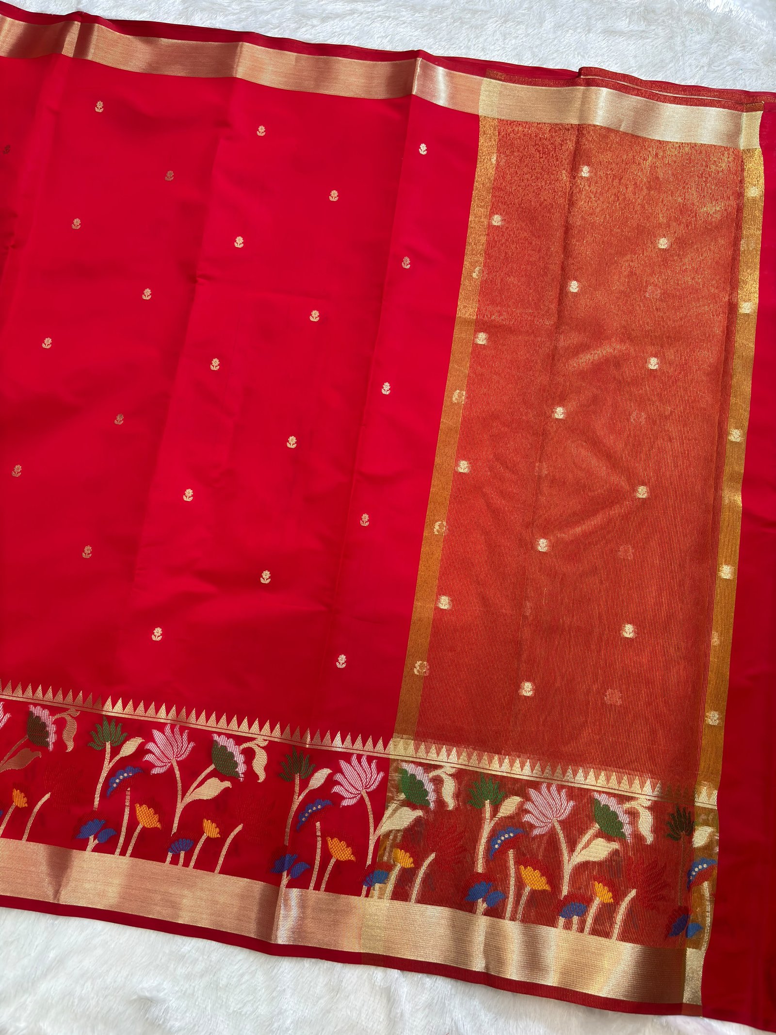 Crimson Red Banarasi Cotlon Taffeta Silk Saree with Floral Meena Skirt Border view 2