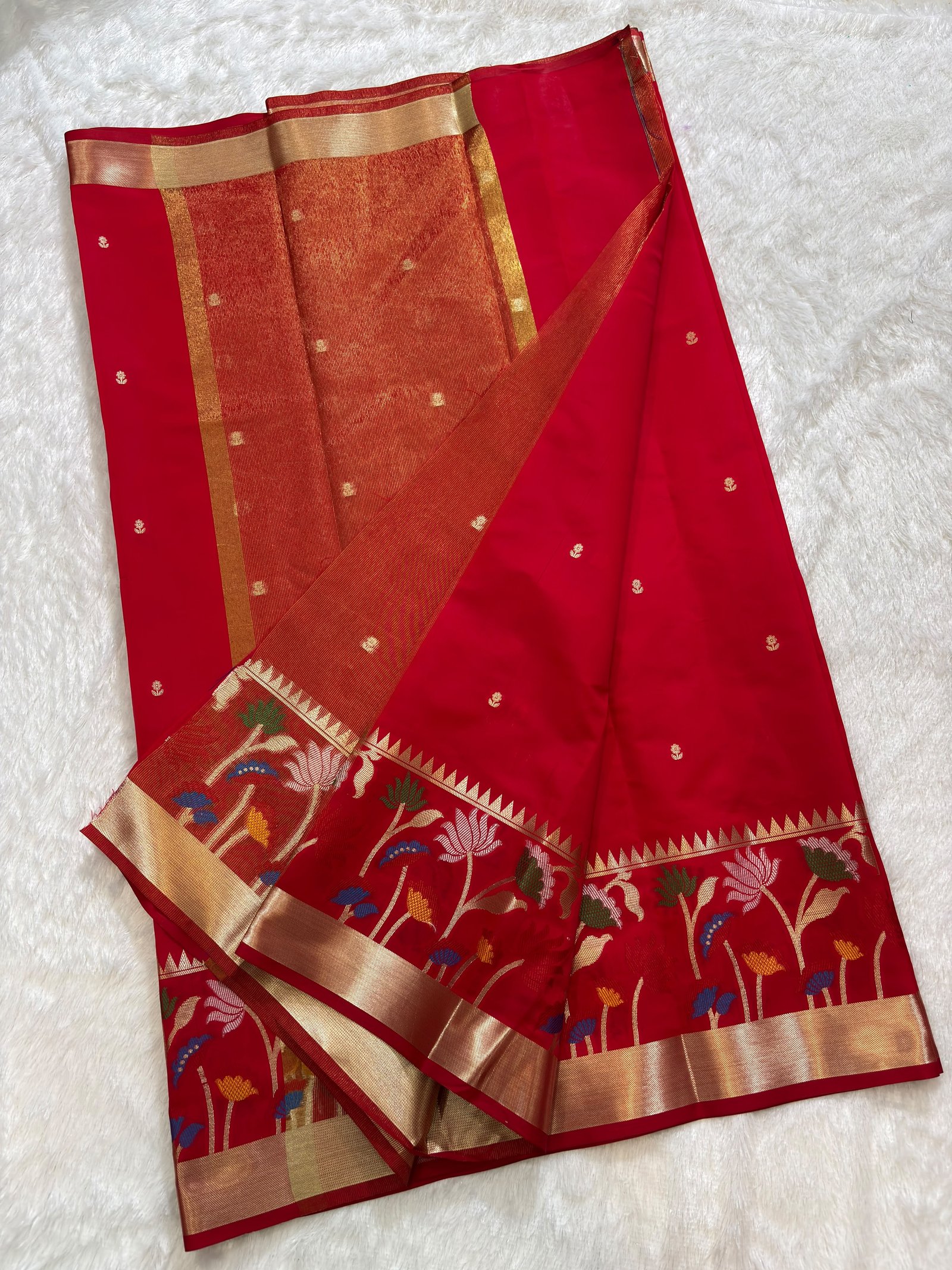 Crimson Red Banarasi Cotlon Taffeta Silk Saree with Floral Meena Skirt Border view 3