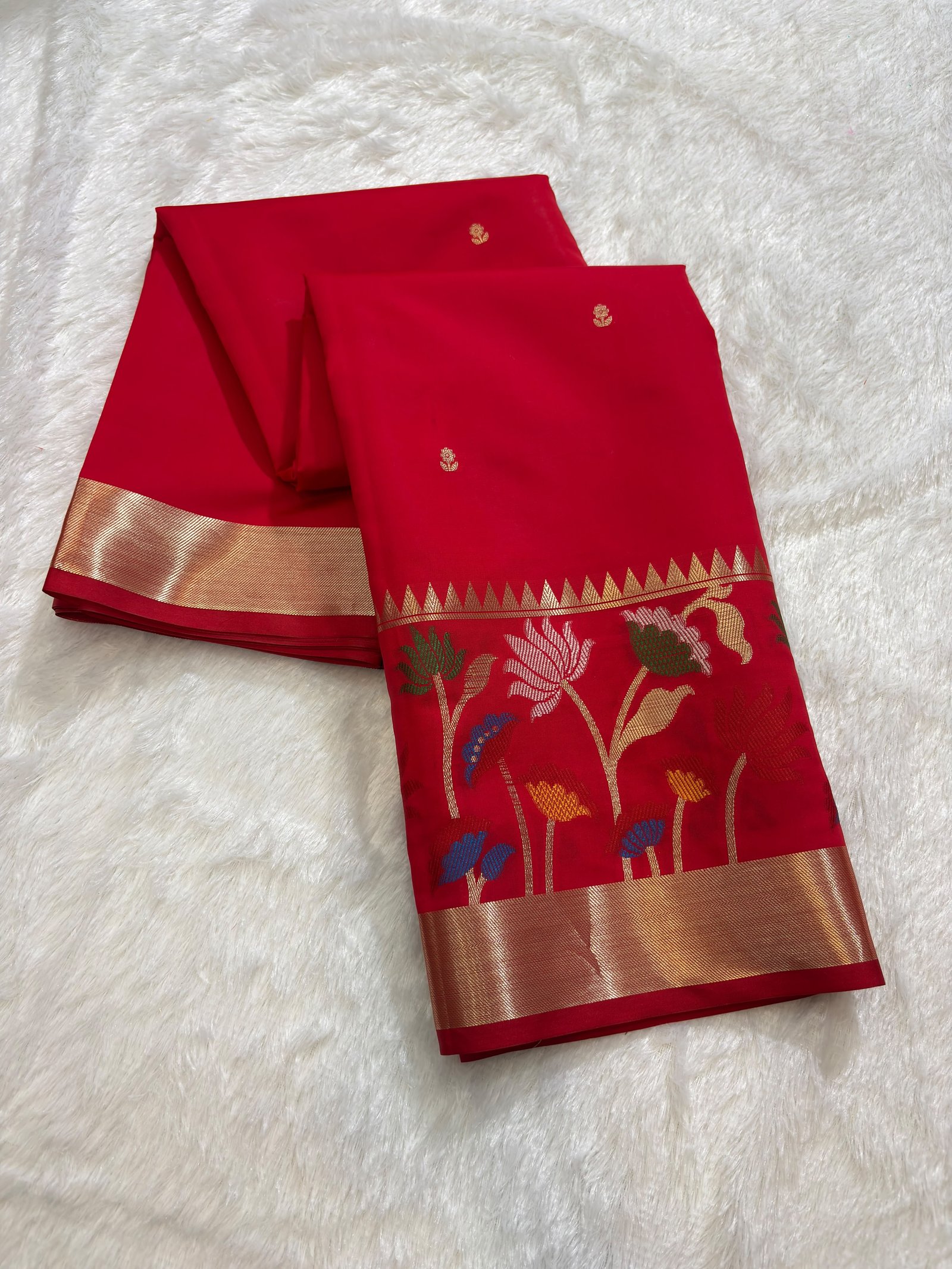 Crimson Red Banarasi Cotlon Taffeta Silk Saree with Floral Meena Skirt Border view 4