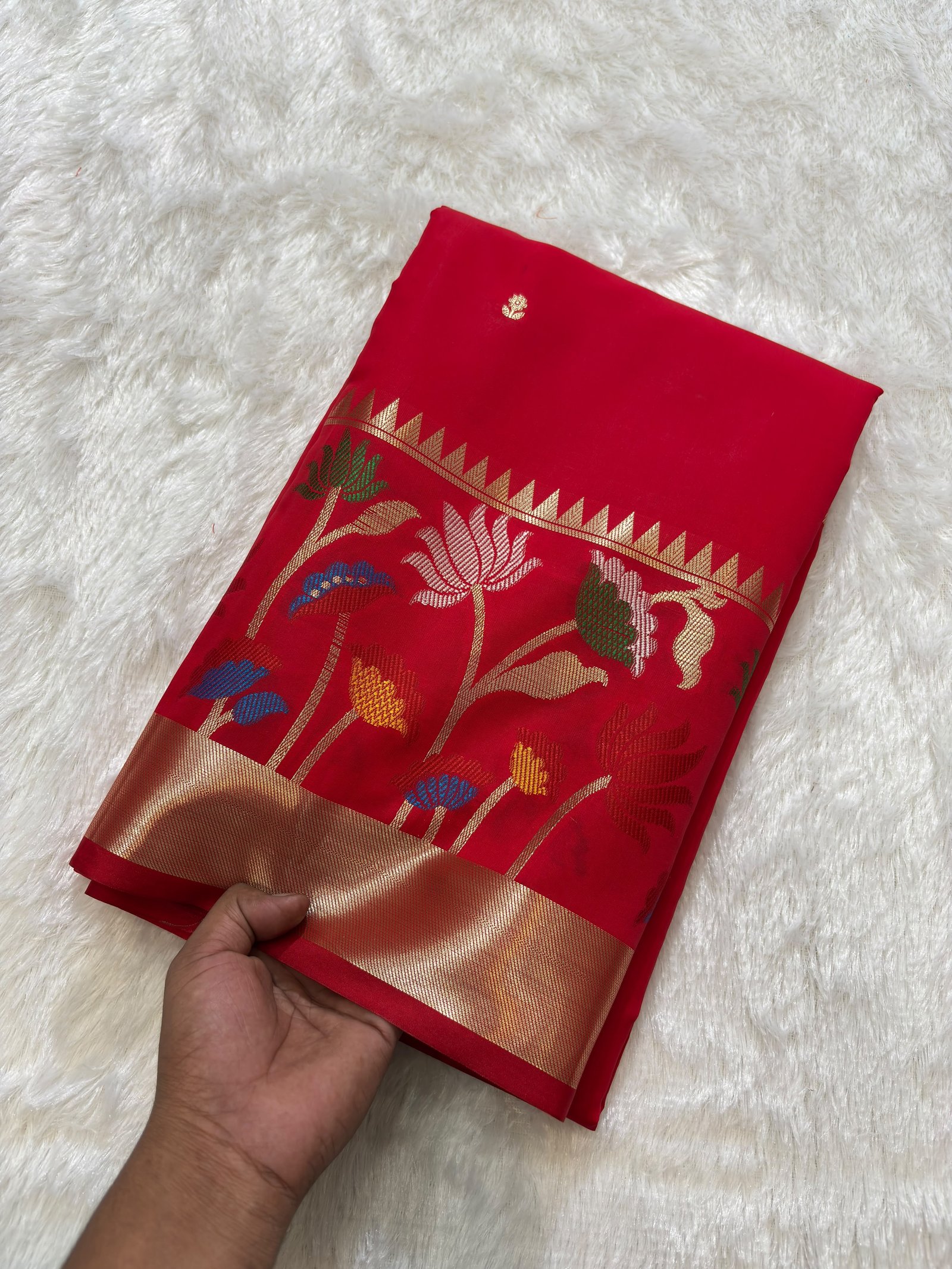 Crimson Red Banarasi Cotlon Taffeta Silk Saree with Floral Meena Skirt Border