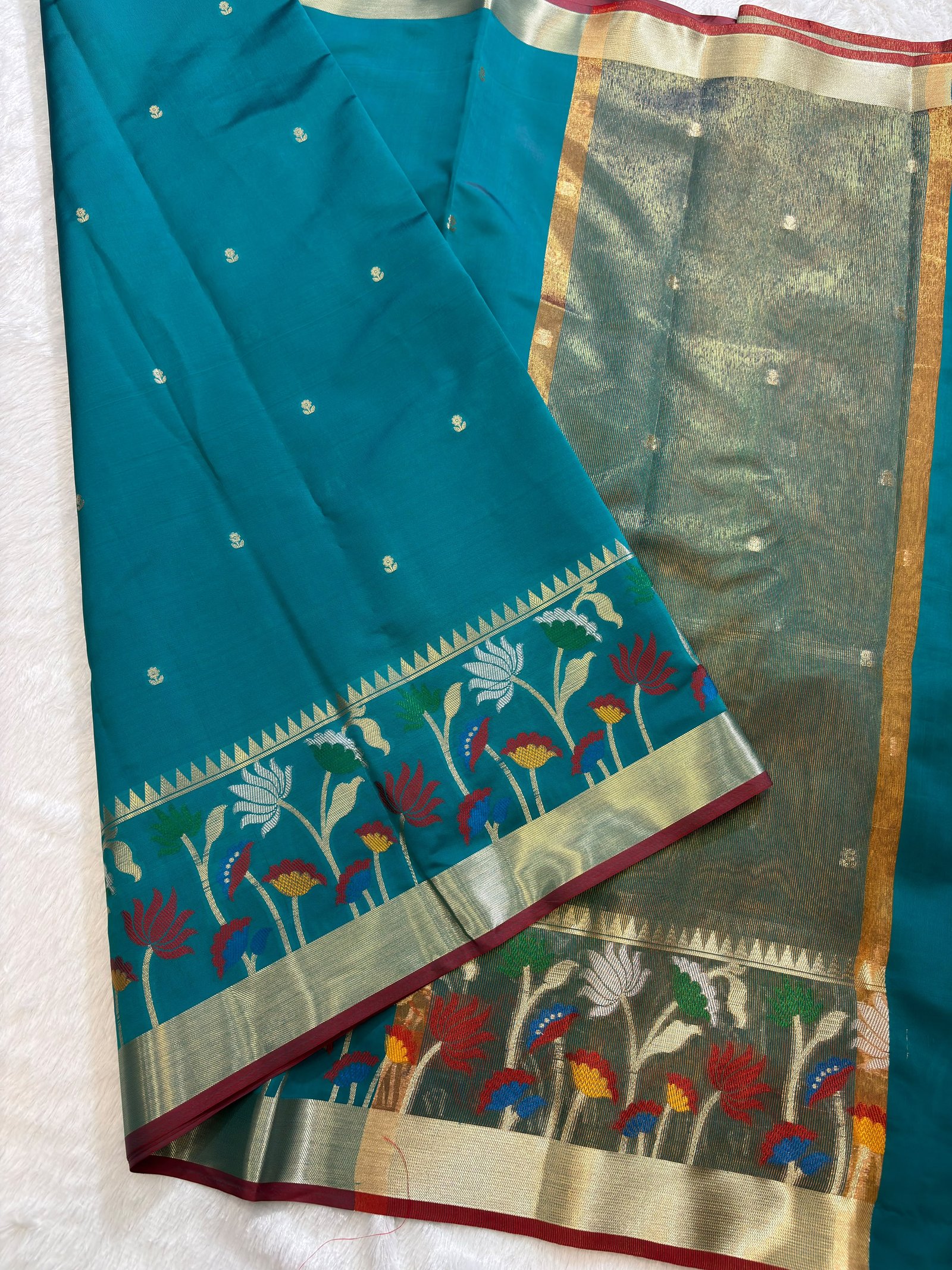 Peacock Teal Banarasi Cotlon Taffeta Silk Saree with Meena Skirt Border view 1