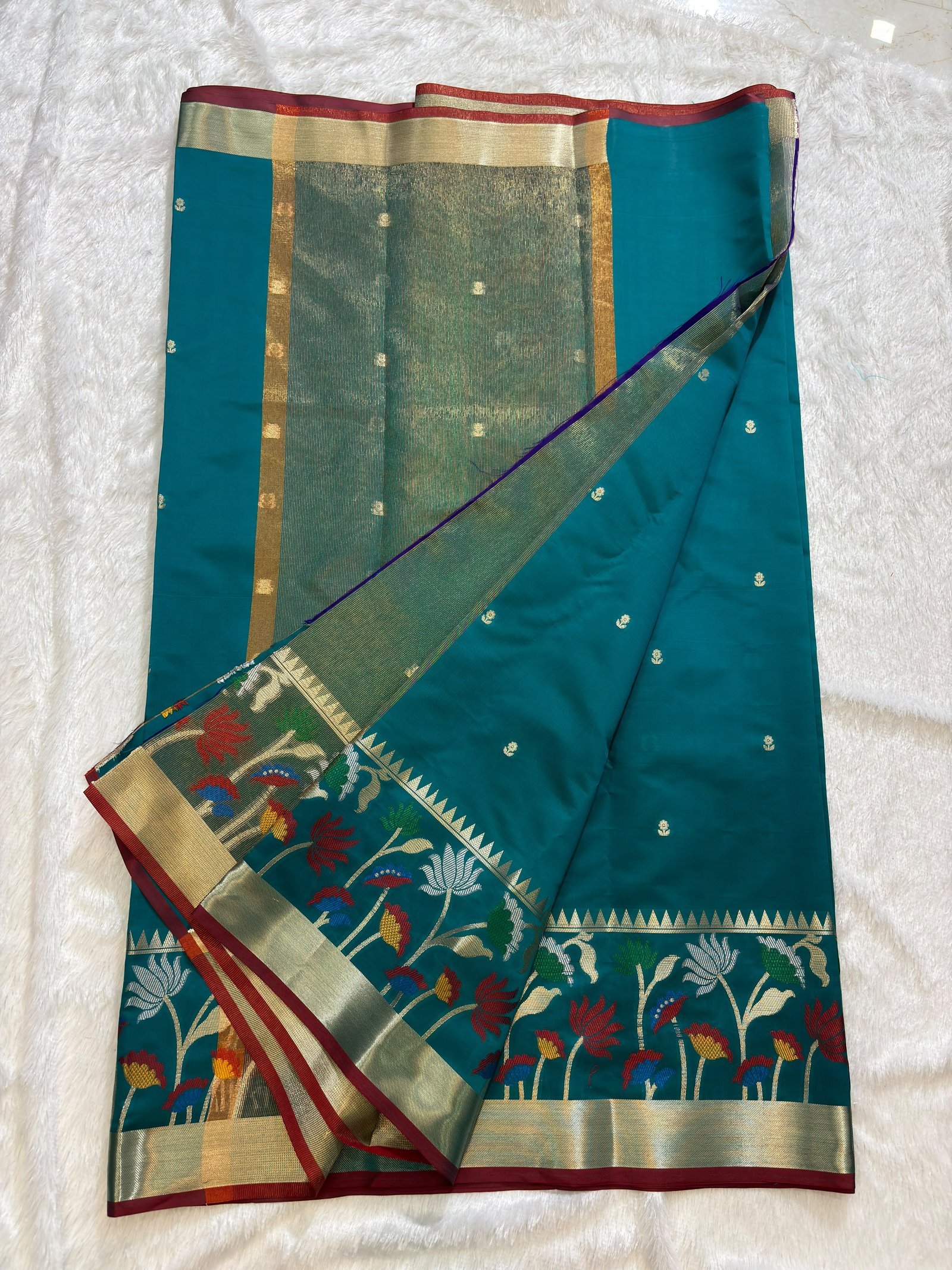 Peacock Teal Banarasi Cotlon Taffeta Silk Saree with Meena Skirt Border