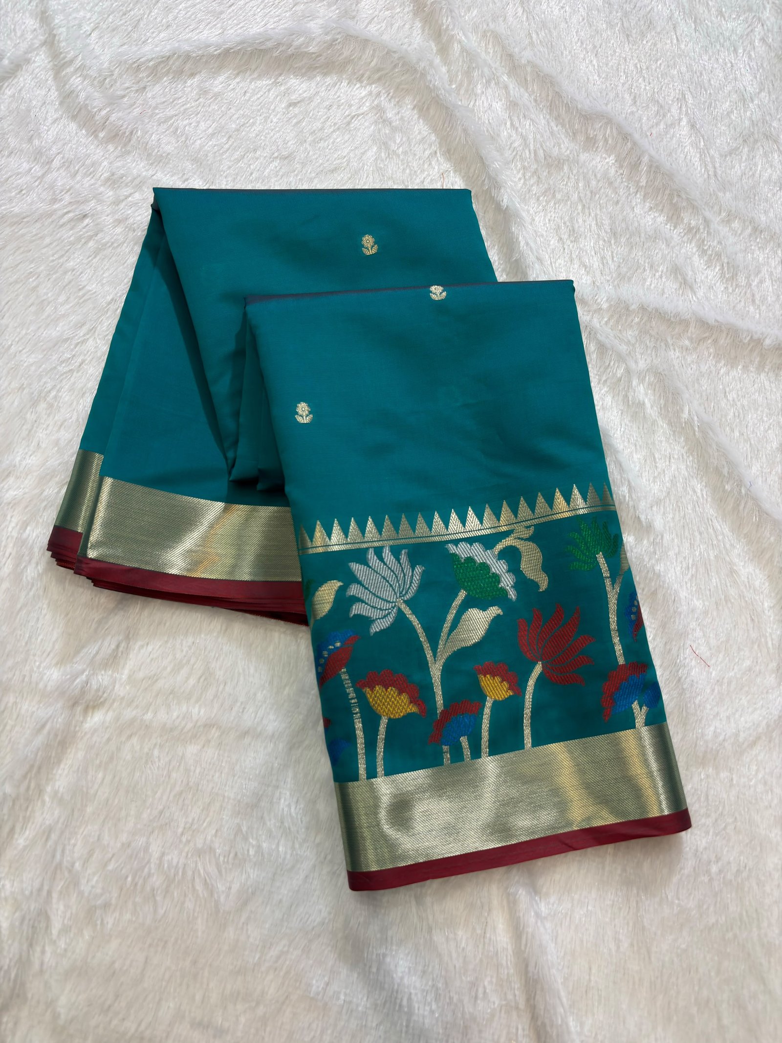 Peacock Teal Banarasi Cotlon Taffeta Silk Saree with Meena Skirt Border view 4