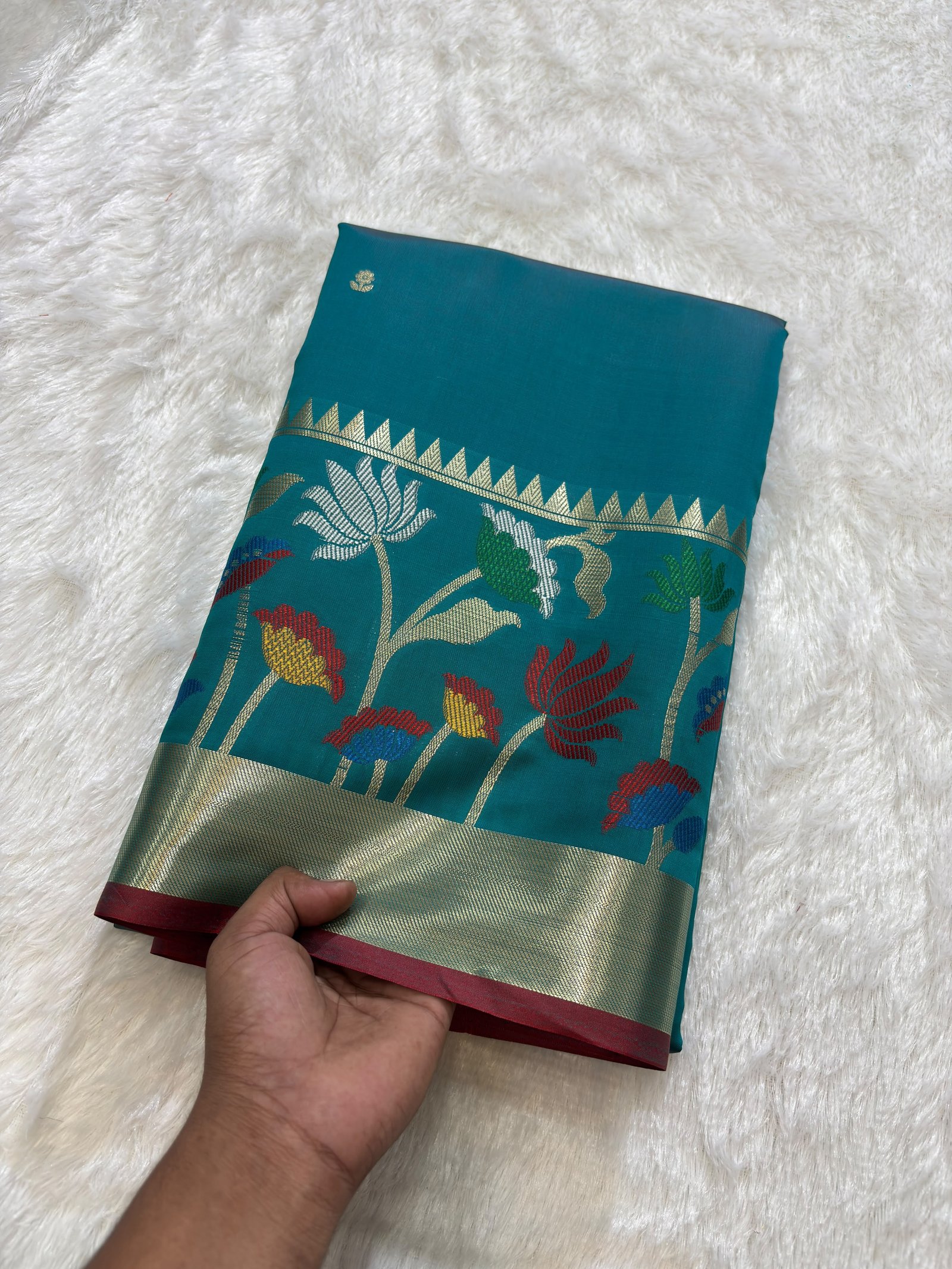 Peacock Teal Banarasi Cotlon Taffeta Silk Saree with Meena Skirt Border view 5