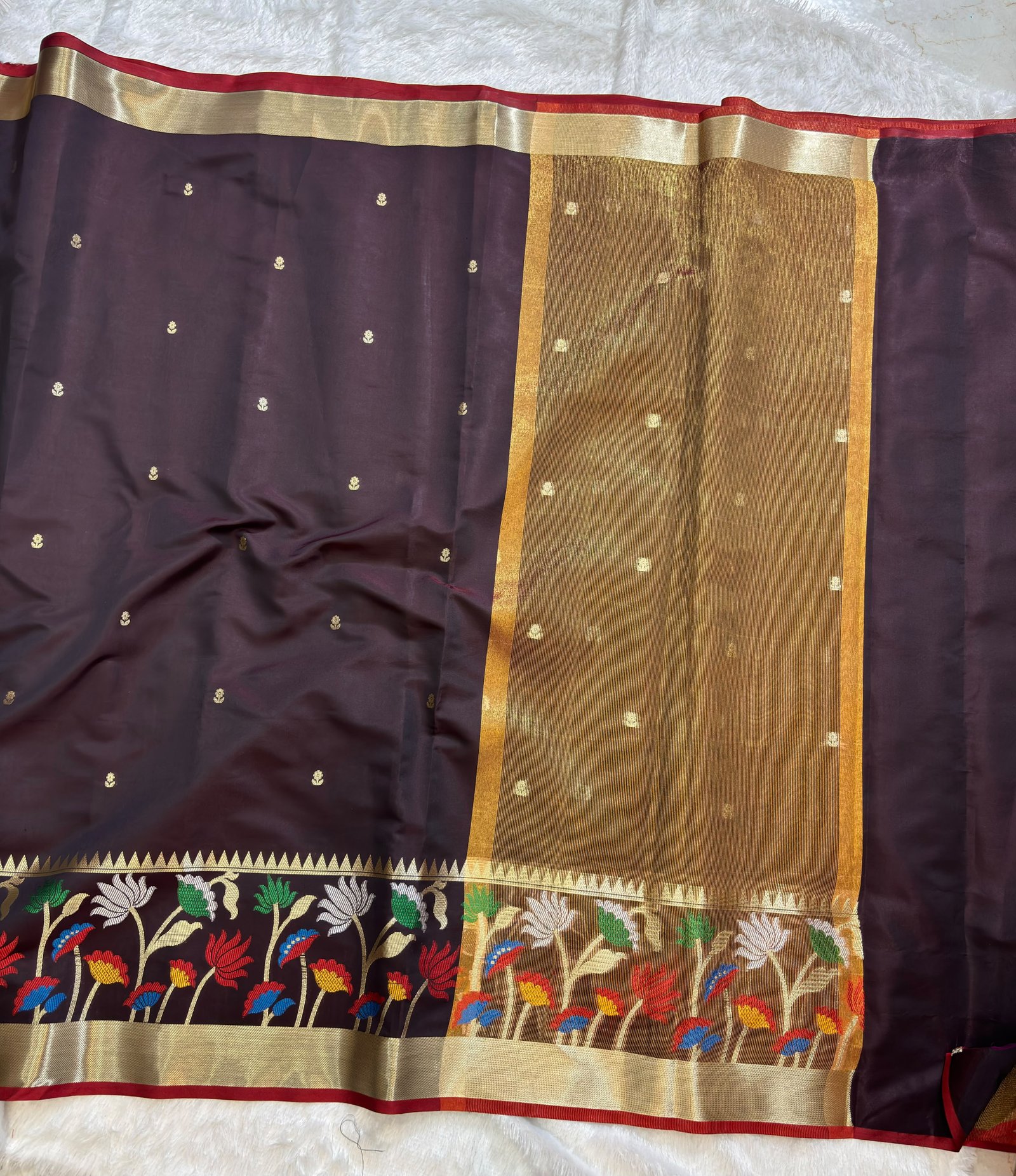 Dark Wine Banarasi Cotlon Taffeta Silk Saree with Meena Skirt Border view 1