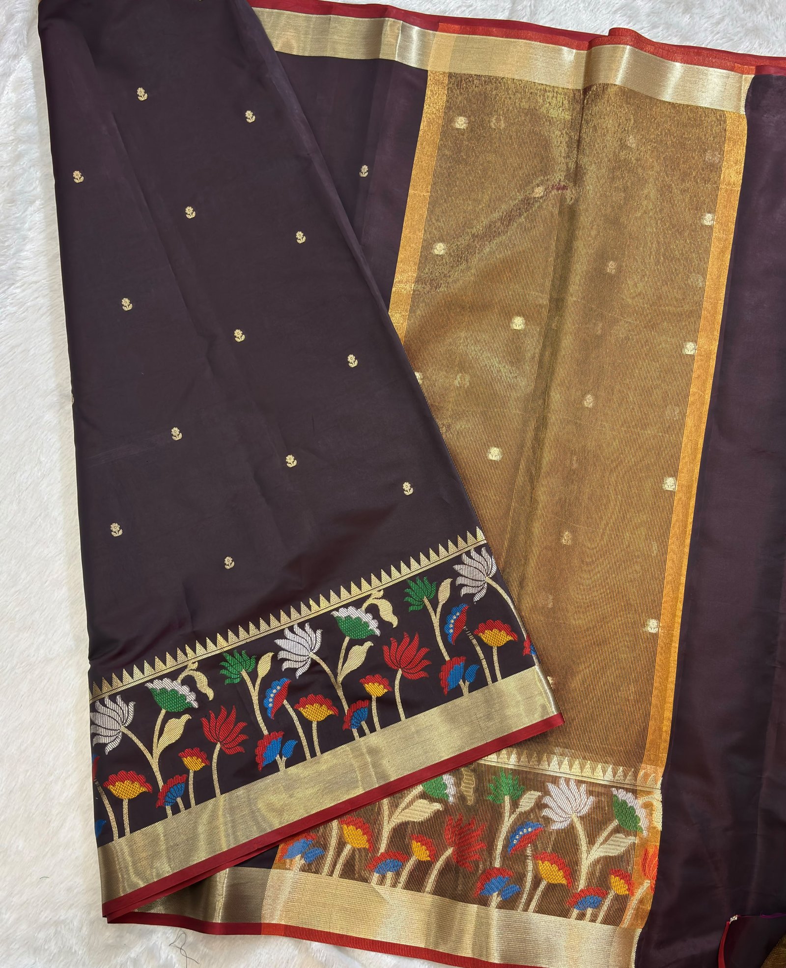 Dark Wine Banarasi Cotlon Taffeta Silk Saree with Meena Skirt Border view 2